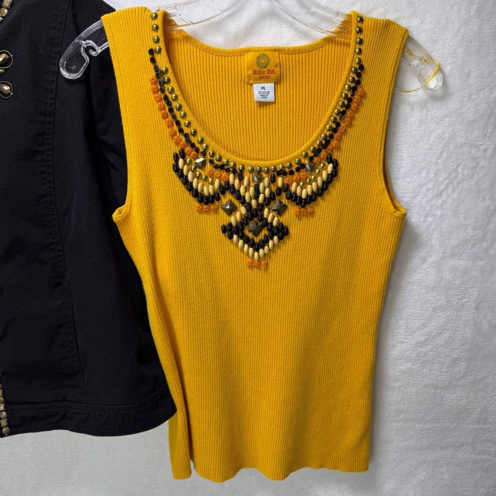 Ruby Rd 2pc Set Black Studded Zip Jacket & Yellow Beaded Tank Top - Picture 2 of 12